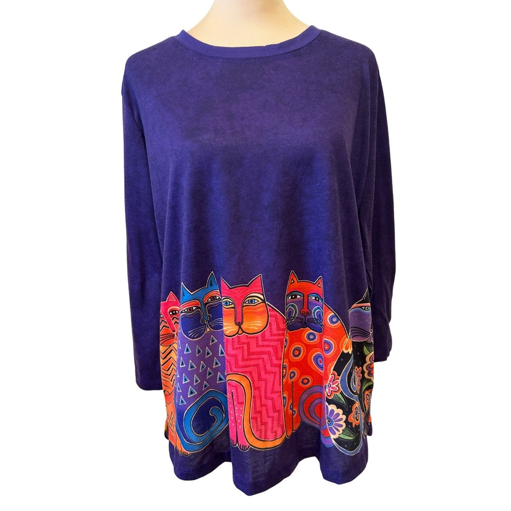 Laurel Burch Top XL Purple Cat Graphic Art to Wear 3/4 Sleeve Tee Crazy Cat Lady